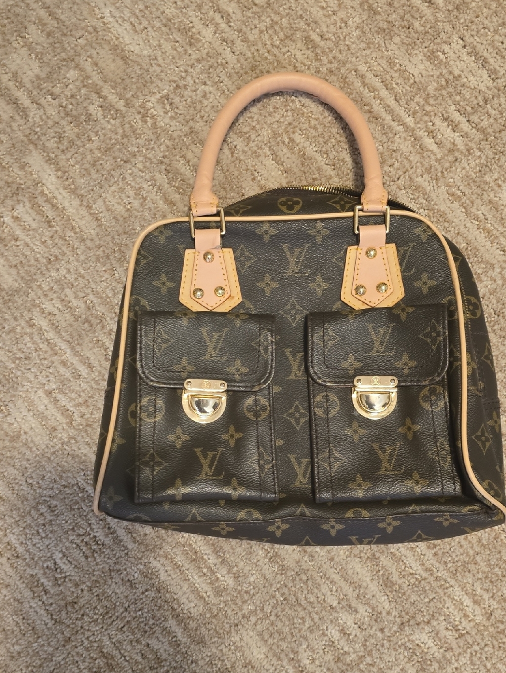 Brown Monogram Satchel with Natural Tan Handles